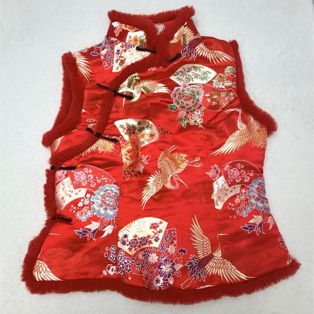 Vintage Chinese Red Brocade Vest Womens 2XL Faux Fur Trim Crane Floral Quilted